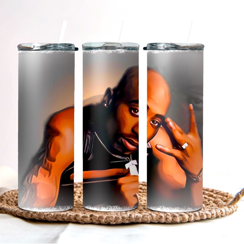Tu Pac inspired tumbler with lid and straw.